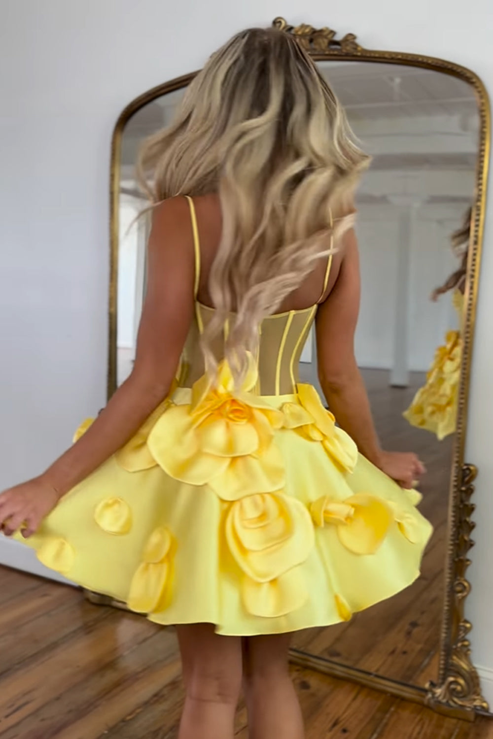 A Line Yellow Homecoming Dress Corset Short Prom Dress With 3D Flowers