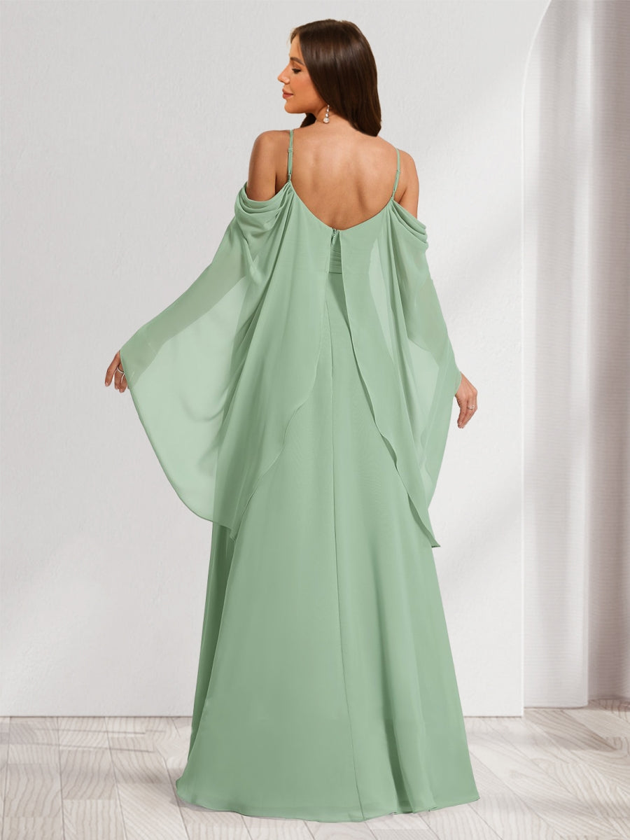 A-Line/Princess Cold Shoulder Ruched Floor-Length Maternity Bridesmaid Dresses with Ruffles & Cape