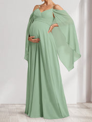 A-Line/Princess Cold Shoulder Ruched Floor-Length Maternity Bridesmaid Dresses with Ruffles & Cape