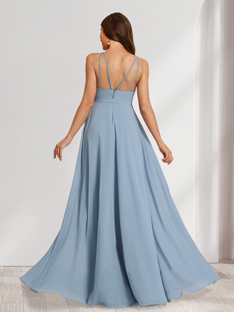 A-Line/Princess Halter Sleeveless Floor-Length Maternity Bridesmaid Dresses with Bow & Pleats