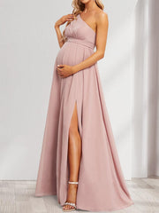 A-Line/Princess One-Shoulder Ruched Chiffon Maternity Bridesmaid Dresses with Split Side & Ruffles