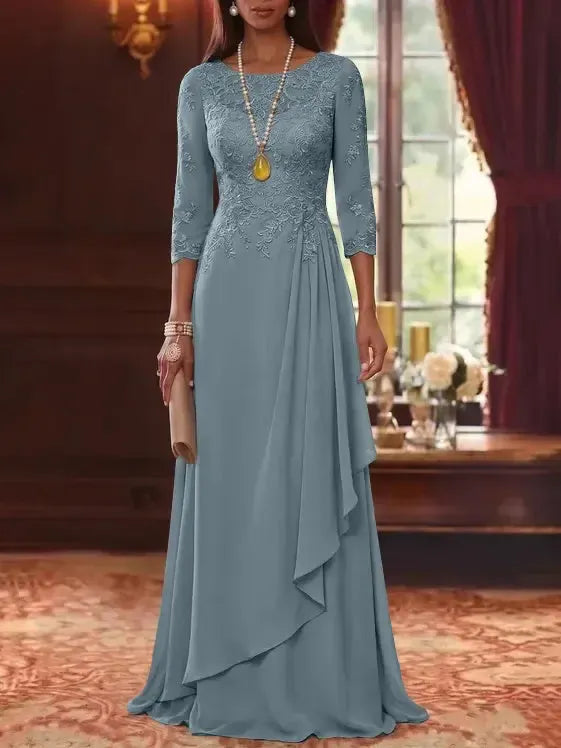 A-Line/Princess Scoop Chiffon Mother of the Bride Dresses 3/4 Sleeves Lace Floor-Length With Pleated