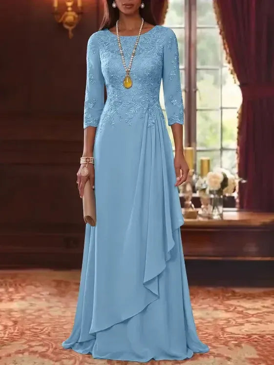 A-Line/Princess Scoop Chiffon Mother of the Bride Dresses 3/4 Sleeves Lace Floor-Length With Pleated