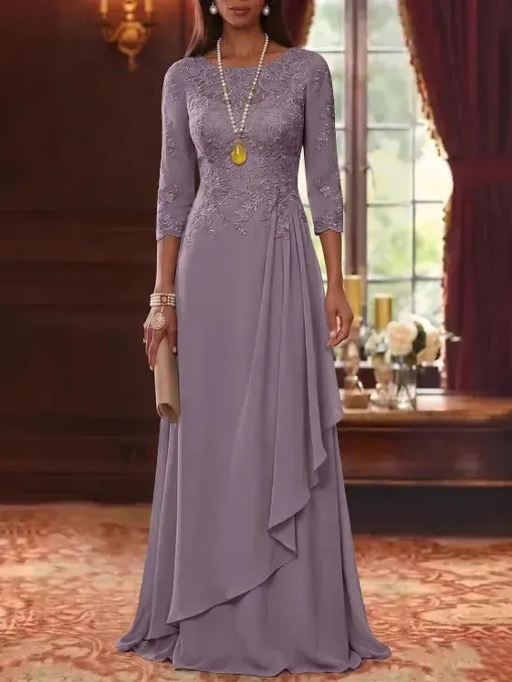 A-Line/Princess Scoop Chiffon Mother of the Bride Dresses 3/4 Sleeves Lace Floor-Length With Pleated