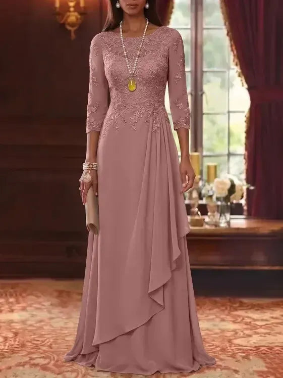 A-Line/Princess Scoop Chiffon Mother of the Bride Dresses 3/4 Sleeves Lace Floor-Length With Pleated