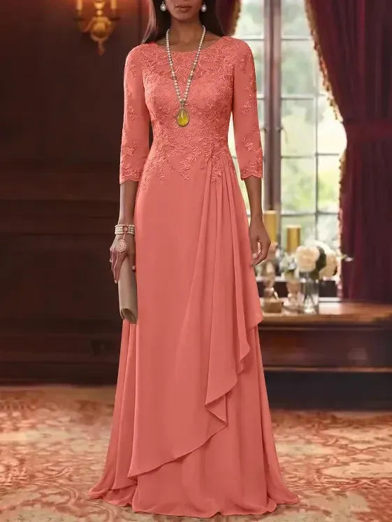 A-Line/Princess Scoop Chiffon Mother of the Bride Dresses 3/4 Sleeves Lace Floor-Length With Pleated