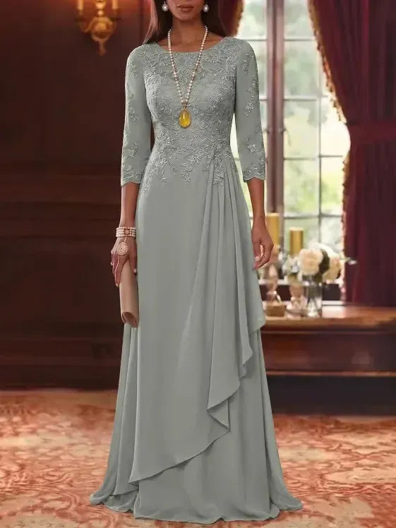 A-Line/Princess Scoop Chiffon Mother of the Bride Dresses 3/4 Sleeves Lace Floor-Length With Pleated