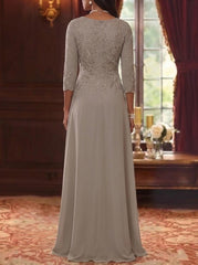 A-Line/Princess Scoop Chiffon Mother of the Bride Dresses 3/4 Sleeves Lace Floor-Length With Pleated