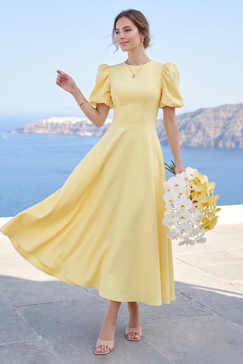 A-Line/Princess Scoop Puff Sleeves Tea-Length Long Bridesmaid Dresses with Ruched