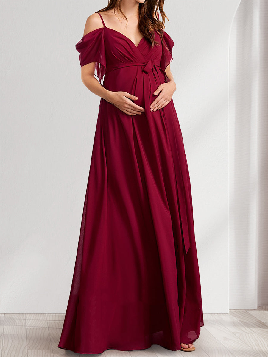 A-Line/Princess Spaghetti Straps Floor-Length Maternity Bridesmaid Dresses with Bow & Pleats