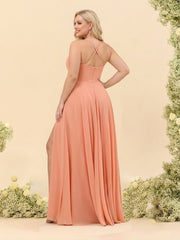 A-Line/Princess Spaghetti Straps V-Neck Long Plus Size Bridesmaid Dresses with Split Side & Ruffles