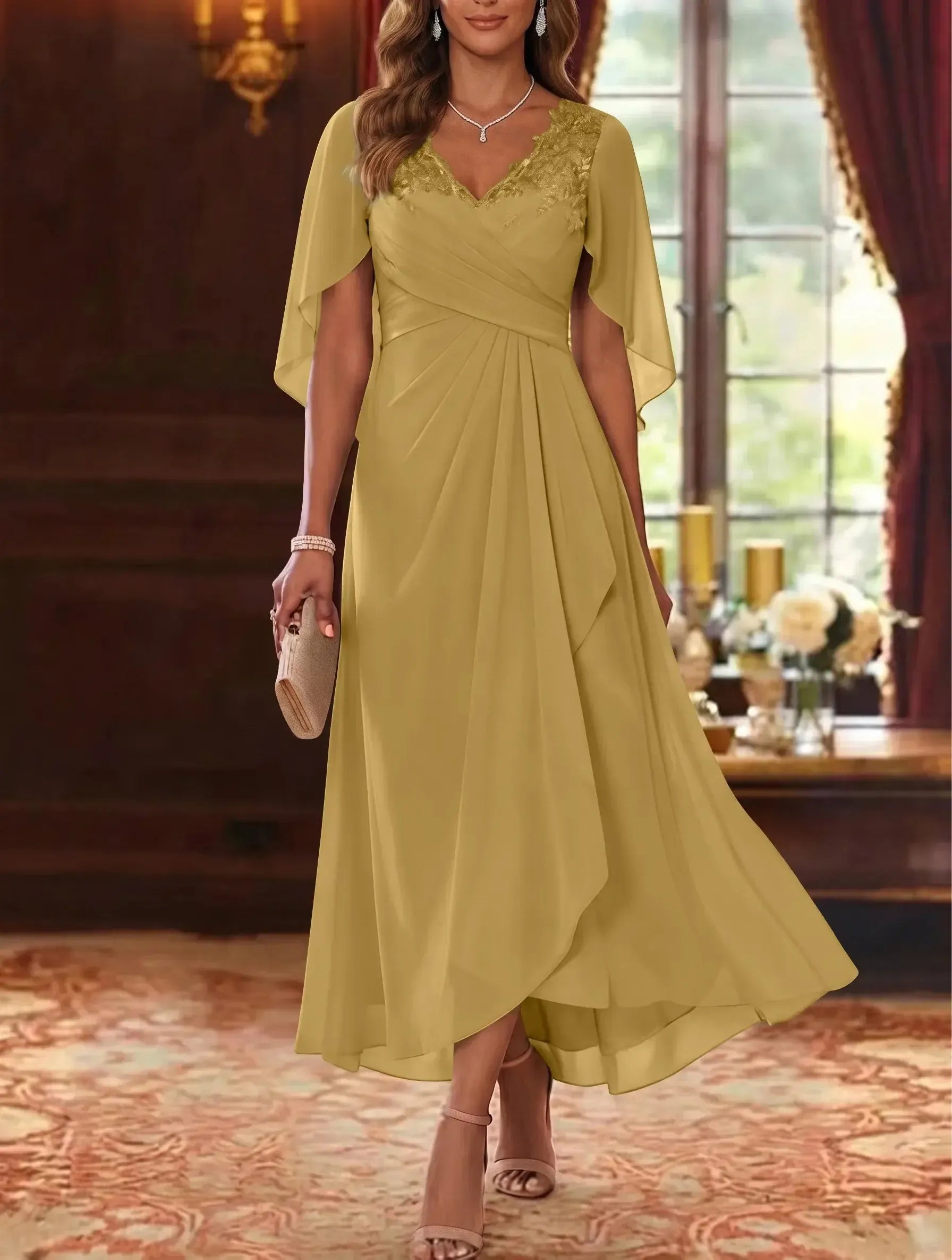 A-Line/Princess V-Neck Chiffon Mother of the Bride Dresses Cape Sleeves Ruched Lace Asymmetrical Tea-Length