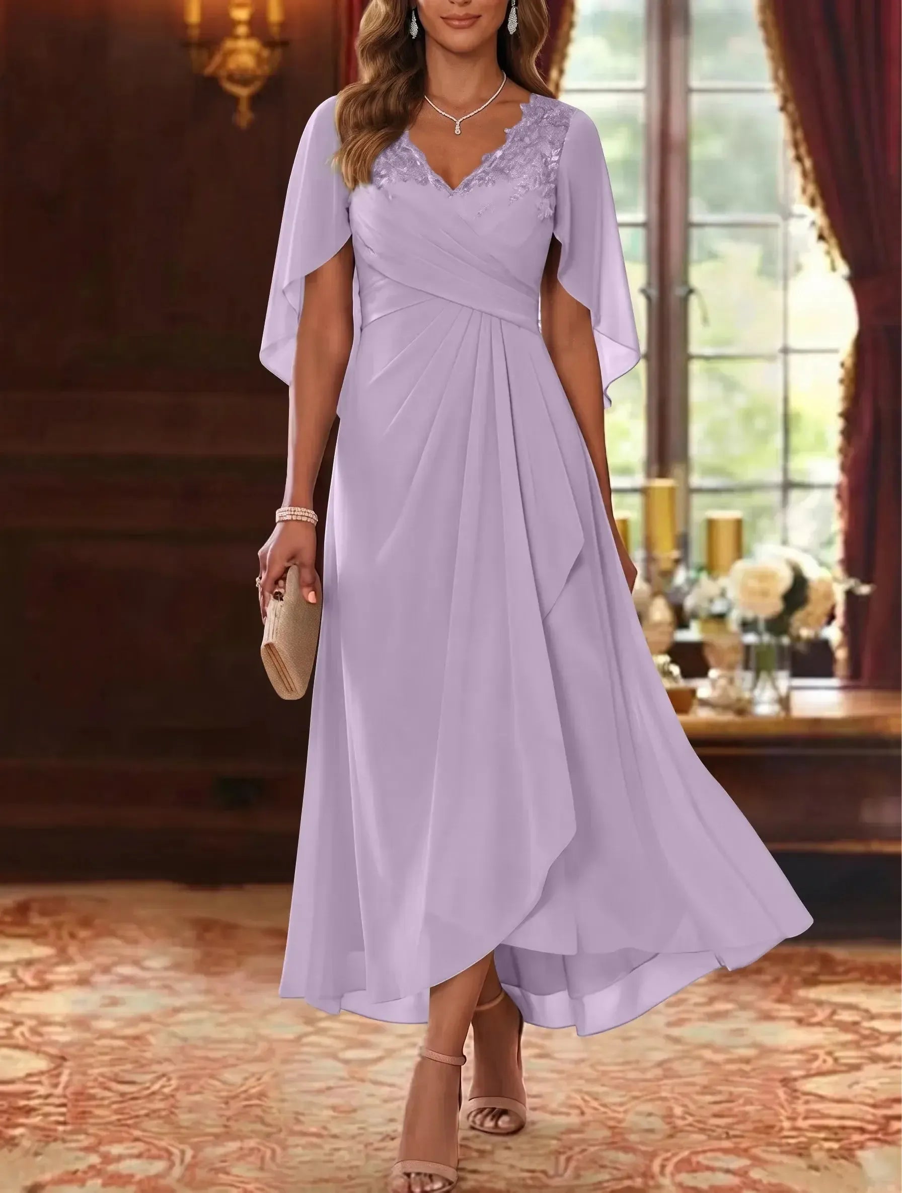 A-Line/Princess V-Neck Chiffon Mother of the Bride Dresses Cape Sleeves Ruched Lace Asymmetrical Tea-Length