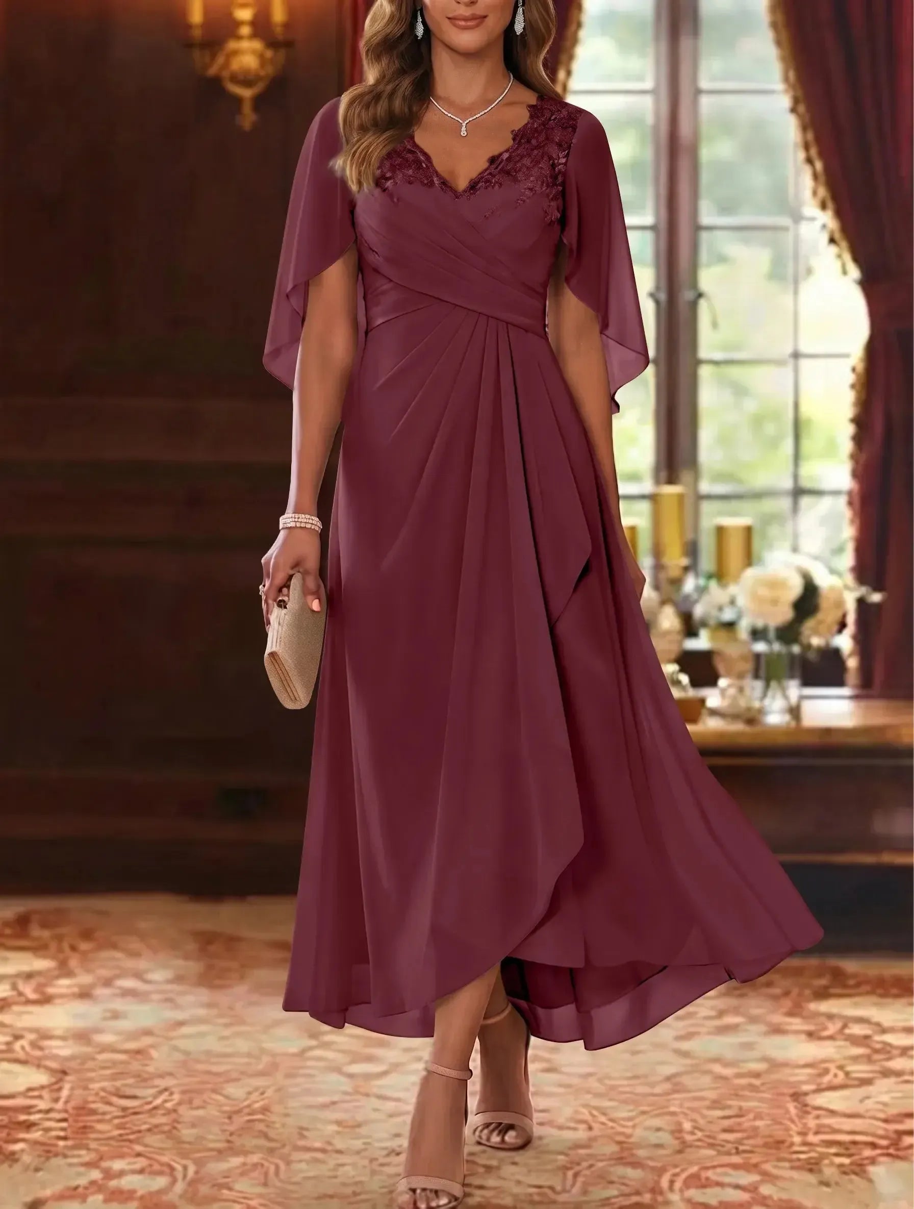 A-Line/Princess V-Neck Chiffon Mother of the Bride Dresses Cape Sleeves Ruched Lace Asymmetrical Tea-Length