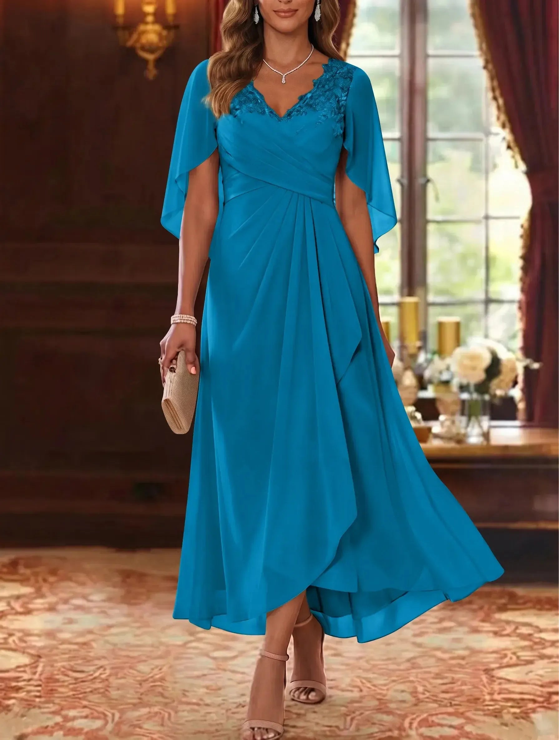 A-Line/Princess V-Neck Chiffon Mother of the Bride Dresses Cape Sleeves Ruched Lace Asymmetrical Tea-Length