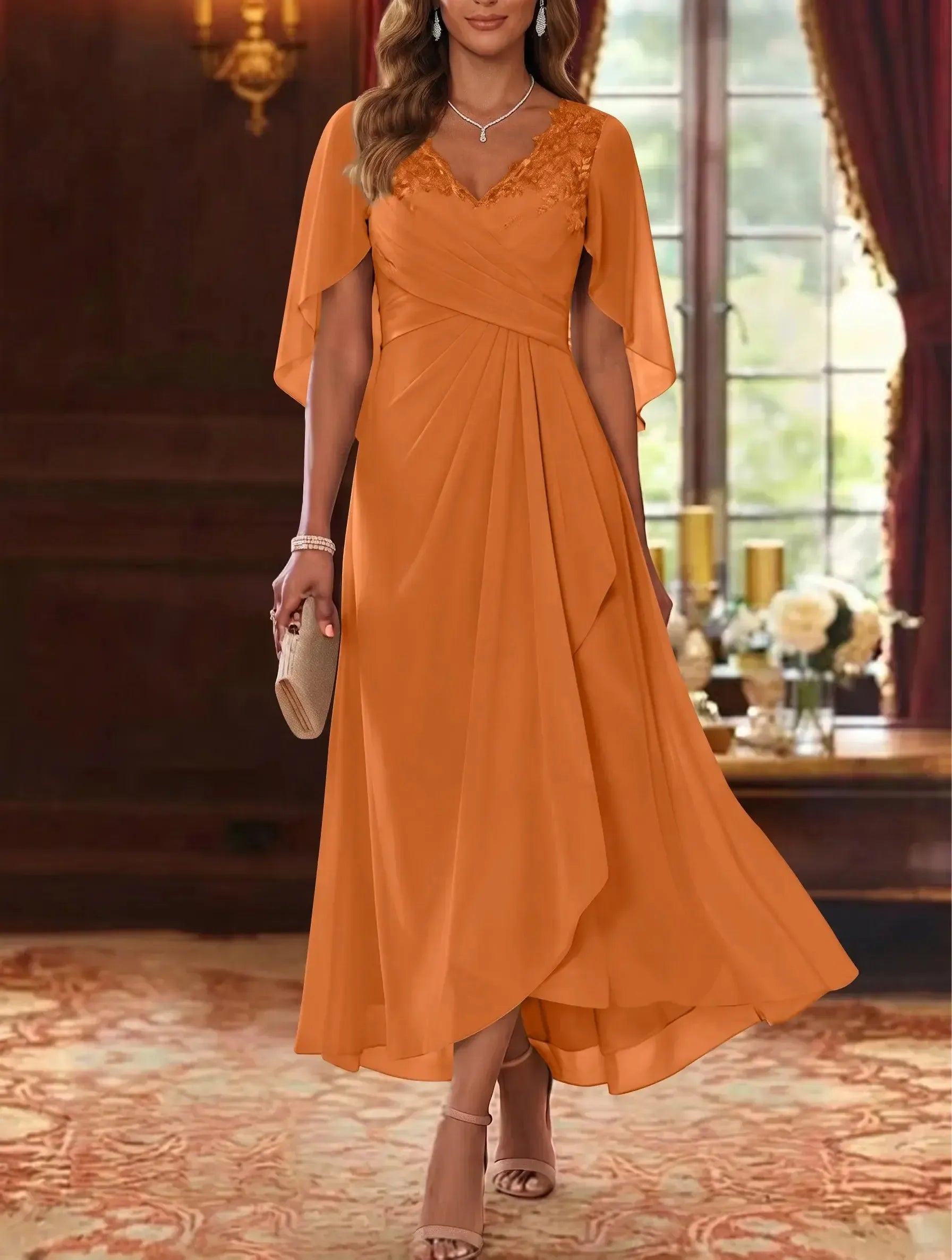 A-Line/Princess V-Neck Chiffon Mother of the Bride Dresses Cape Sleeves Ruched Lace Asymmetrical Tea-Length