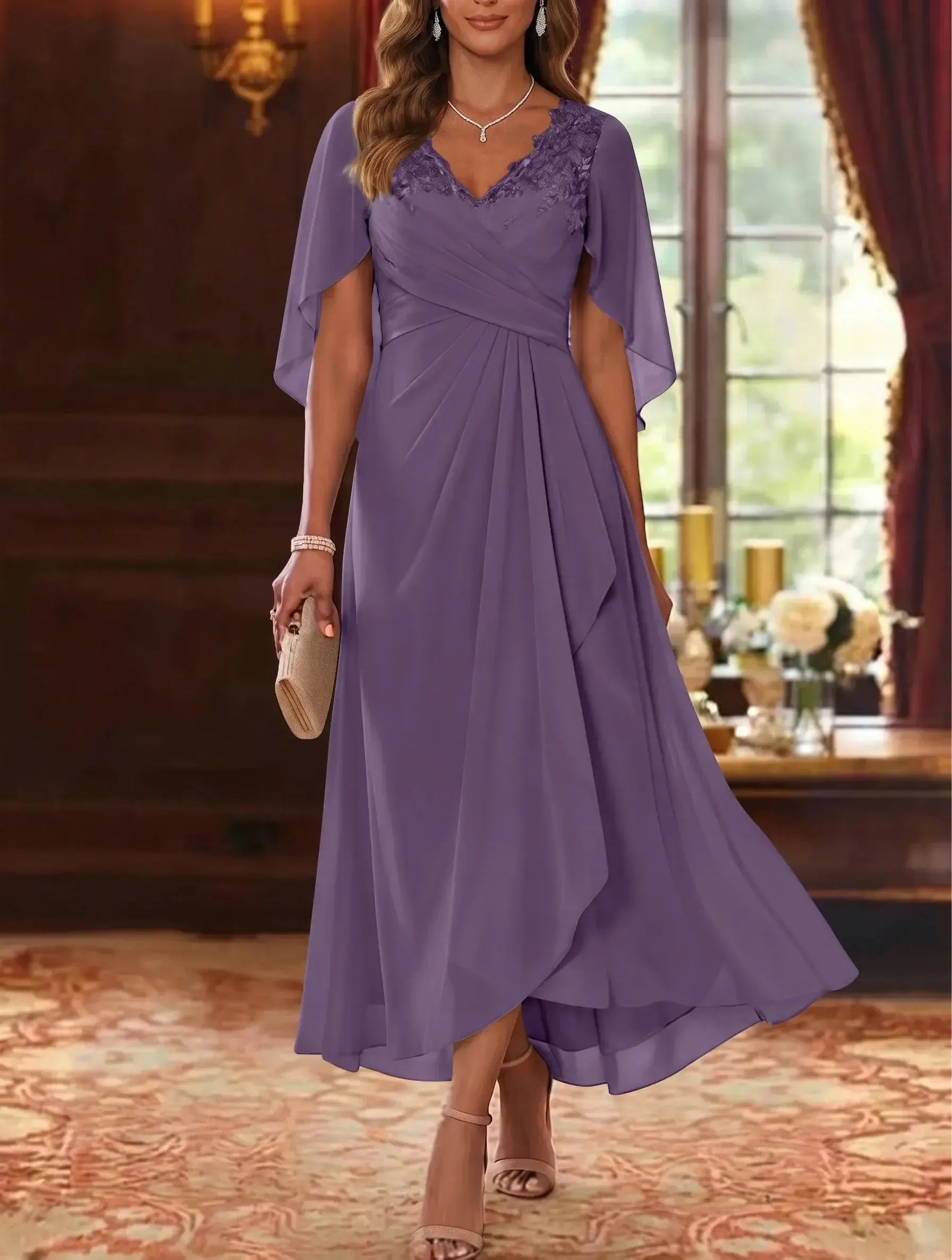A-Line/Princess V-Neck Chiffon Mother of the Bride Dresses Cape Sleeves Ruched Lace Asymmetrical Tea-Length