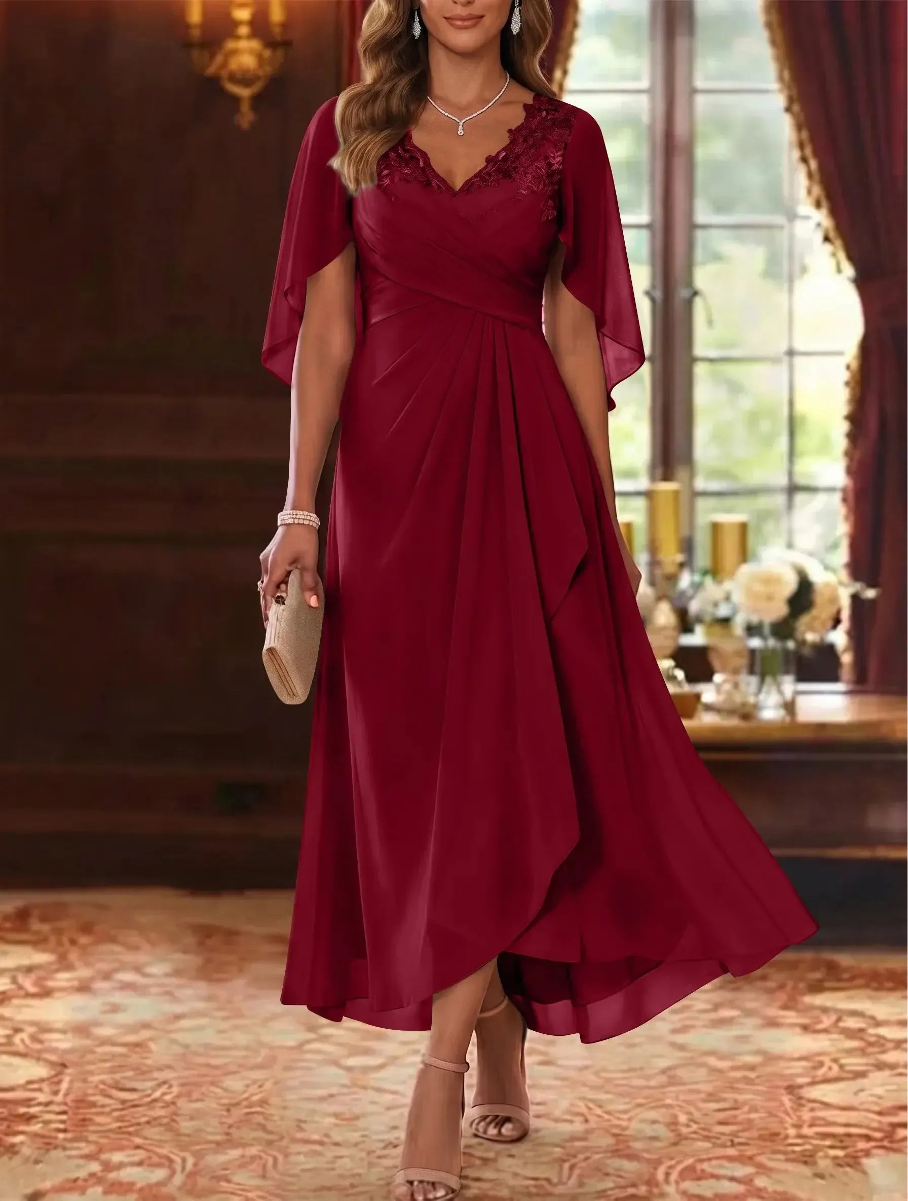 A-Line/Princess V-Neck Chiffon Mother of the Bride Dresses Cape Sleeves Ruched Lace Asymmetrical Tea-Length