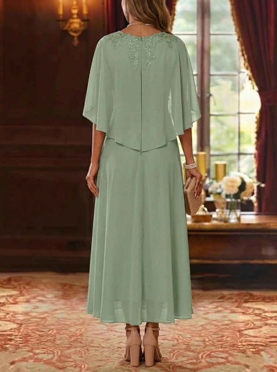 A-Line/Princess V-Neck Chiffon Mother of the Bride Dresses Cape Sleeves Ruched Lace Asymmetrical Tea-Length