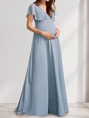 A-Line/Princess V-Neck Flutter Sleeves Maternity Bridesmaid Dresses with Bow & Ruffles