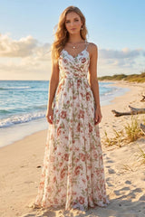 A-Line/Princess V-Neck Long Floral Bridesmaid Dresses with Ruched