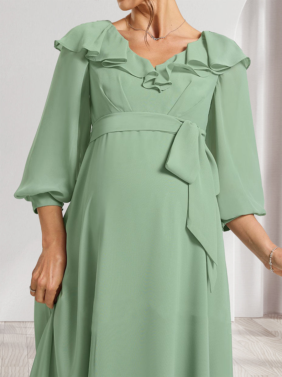 A-Line/Princess V-Neck Long Sleeves Maternity Bridesmaid Dresses with Ruffles & Bow