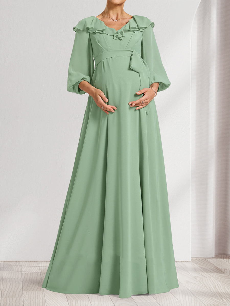 A-Line/Princess V-Neck Long Sleeves Maternity Bridesmaid Dresses with Ruffles & Bow
