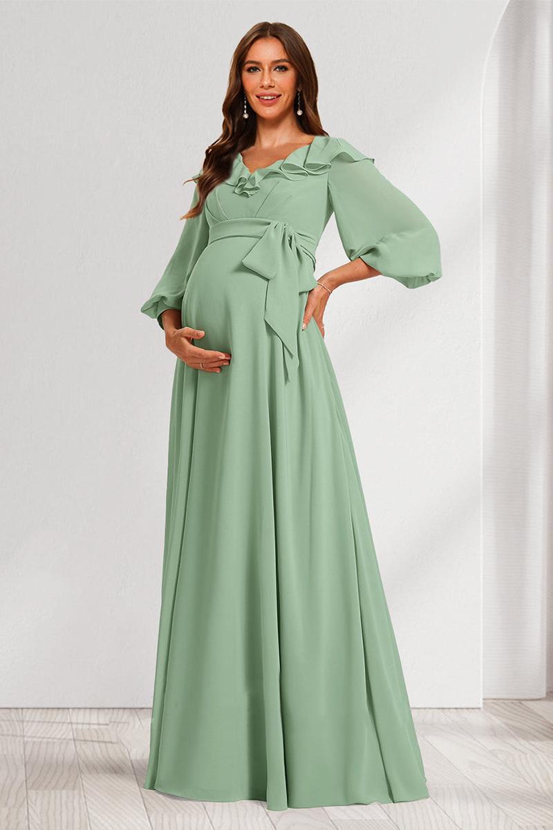 A-Line/Princess V-Neck Long Sleeves Maternity Bridesmaid Dresses with Ruffles & Bow