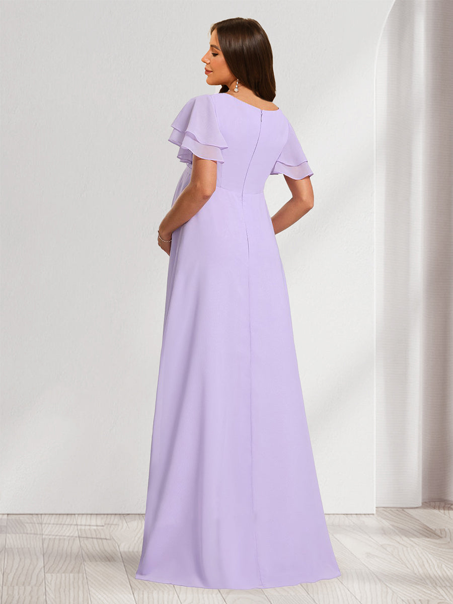 A-Line/Princess V-Neck Ruched Chiffon Maternity Bridesmaid Dresses with Pleats & Ruffles