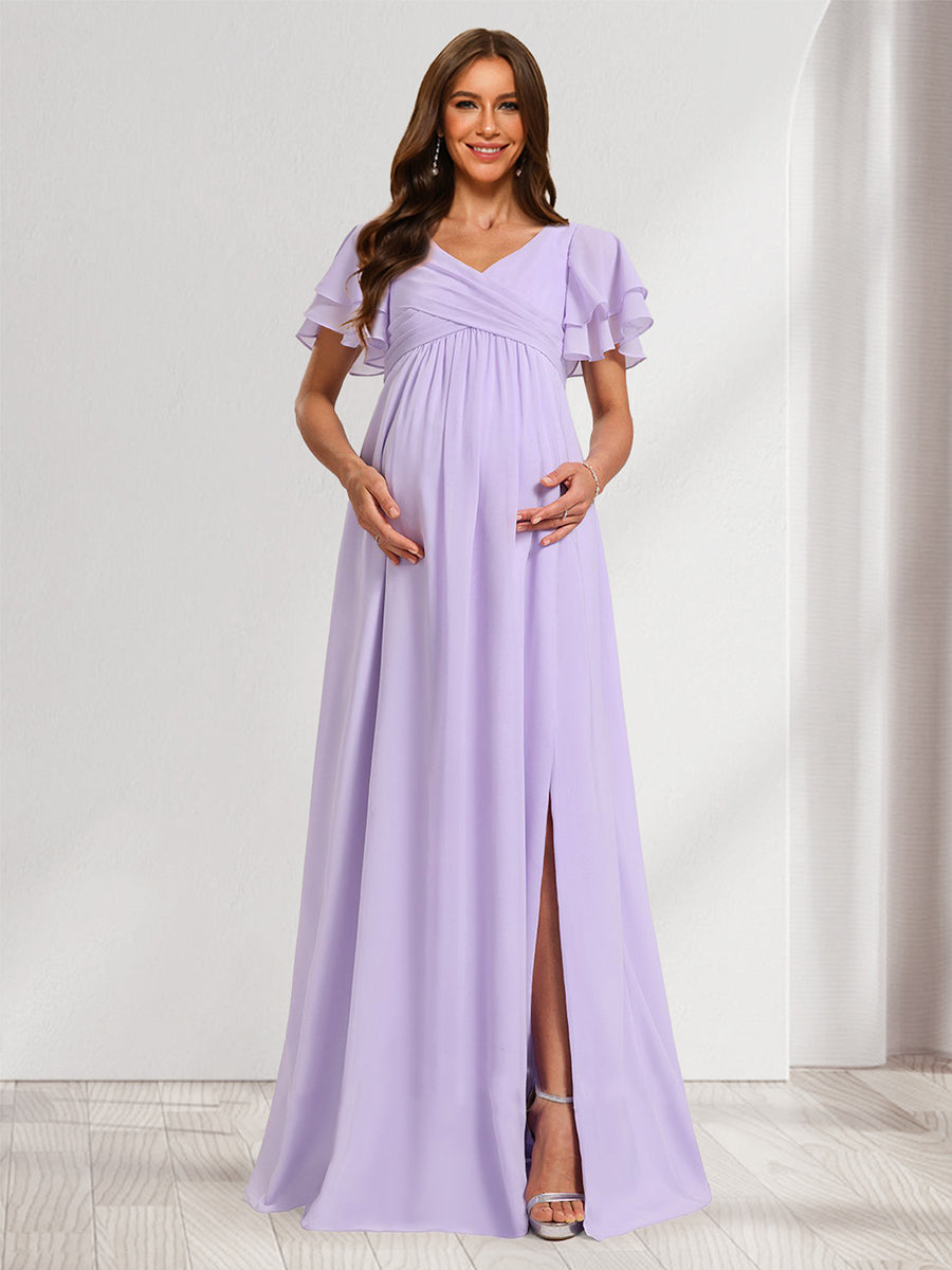 A-Line/Princess V-Neck Ruched Chiffon Maternity Bridesmaid Dresses with Pleats & Ruffles