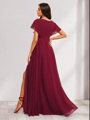 A-Line/Princess V-Neck Ruched Long Maternity Bridesmaid Dresses with Pleats & Split Side