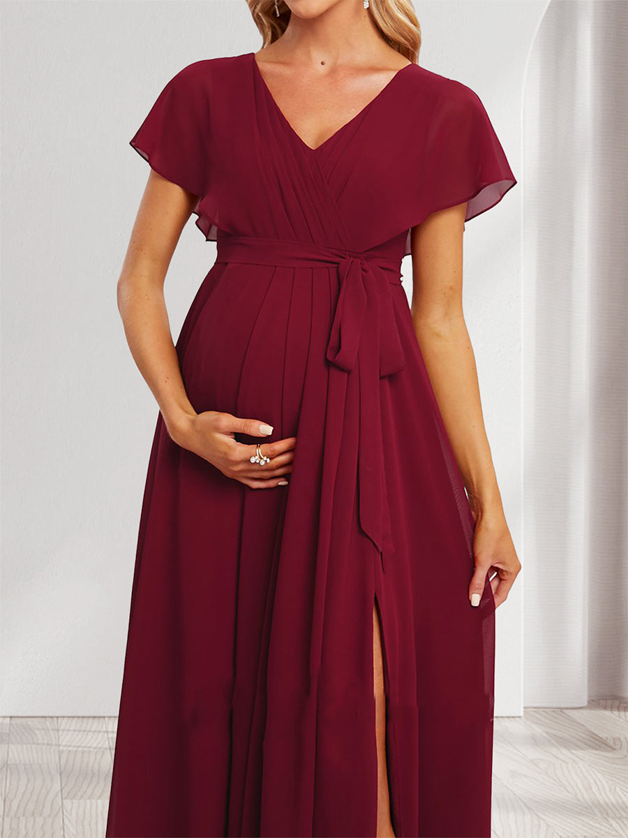A-Line/Princess V-Neck Ruched Long Maternity Bridesmaid Dresses with Pleats & Split Side