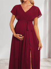 A-Line/Princess V-Neck Ruched Long Maternity Bridesmaid Dresses with Pleats & Split Side