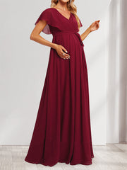 A-Line/Princess V-Neck Ruched Long Maternity Bridesmaid Dresses with Pleats & Split Side