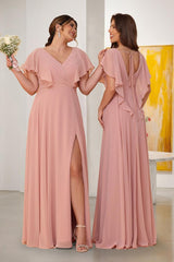 A-Line/Princess V-Neck Short Sleeves Floor-Length Ruched Bridesmaid Dresses With Side Slit