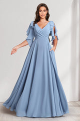 A-Line/Princess V-Neck Short Sleeves Long Bridesmaid Dresses With Ruffles & Belt
