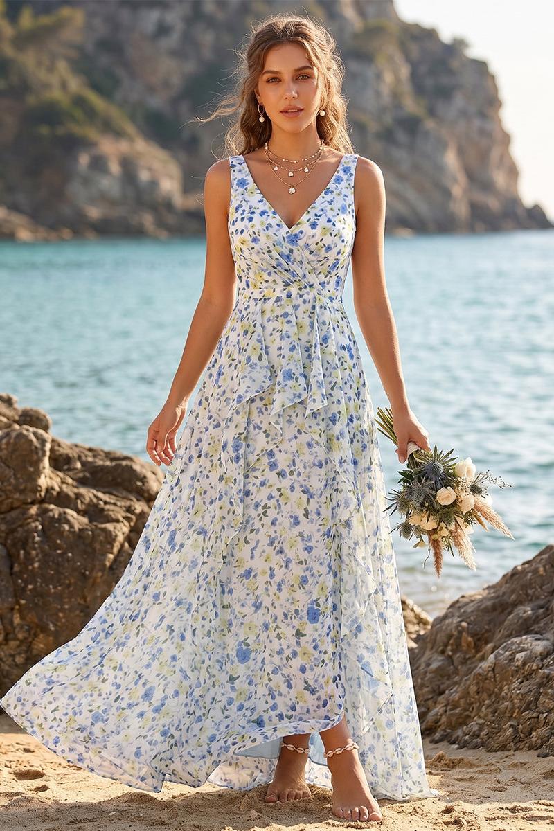 A-Line/Princess V-Neck Sleeveless Ruffles Floral Bridesmaid Dresses