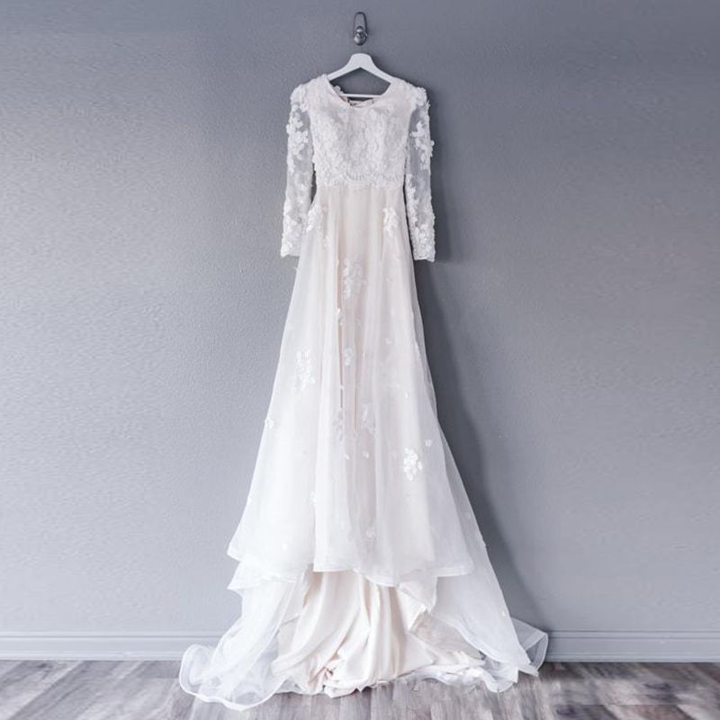 A-line Wedding Dress Lace Long Sleeve Crew Neck Bridal Gown