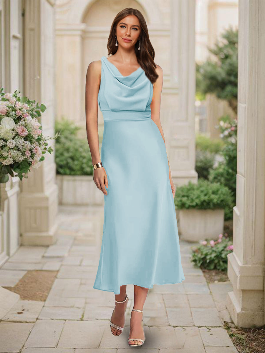 Trumpet/Mermaid Cowl Neck Sleeveless Tea-Length Ruched Bridesmaid Dresses Light Blue