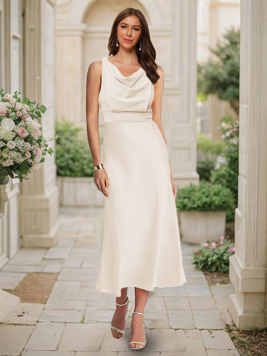 Trumpet/Mermaid Cowl Neck Sleeveless Tea-Length Ruched Bridesmaid Dresses Light Champagne