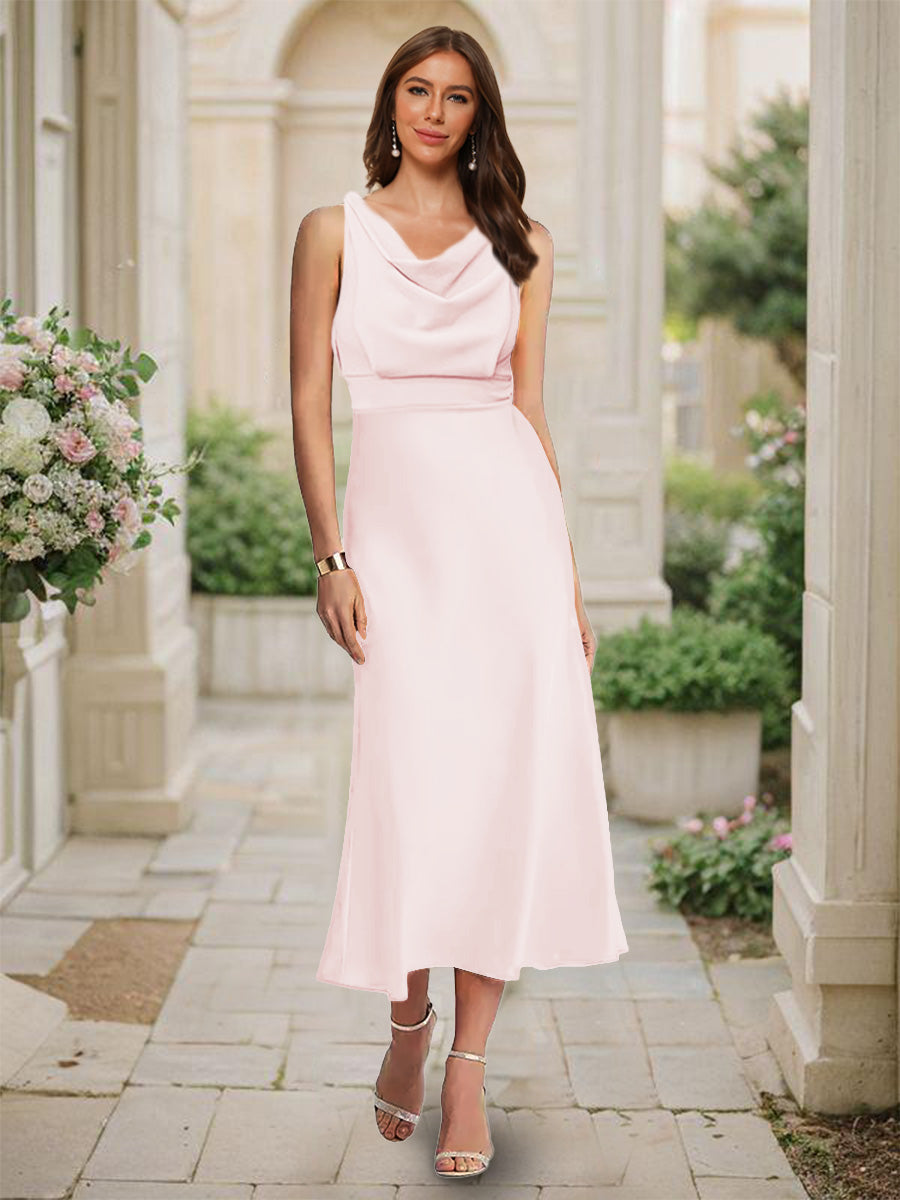 Trumpet/Mermaid Cowl Neck Sleeveless Tea-Length Ruched Bridesmaid Dresses Light Pink