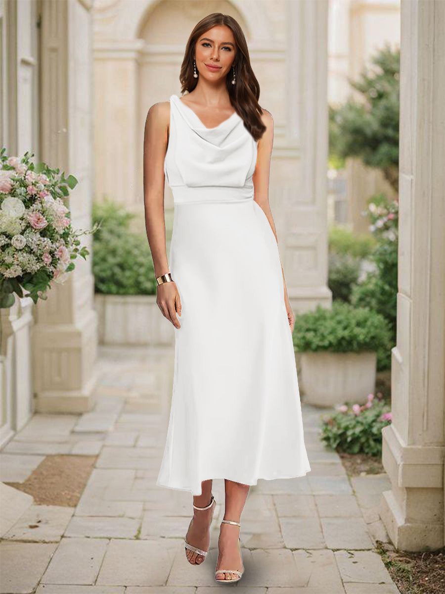 Trumpet/Mermaid Cowl Neck Sleeveless Tea-Length Ruched Bridesmaid Dresses Off White