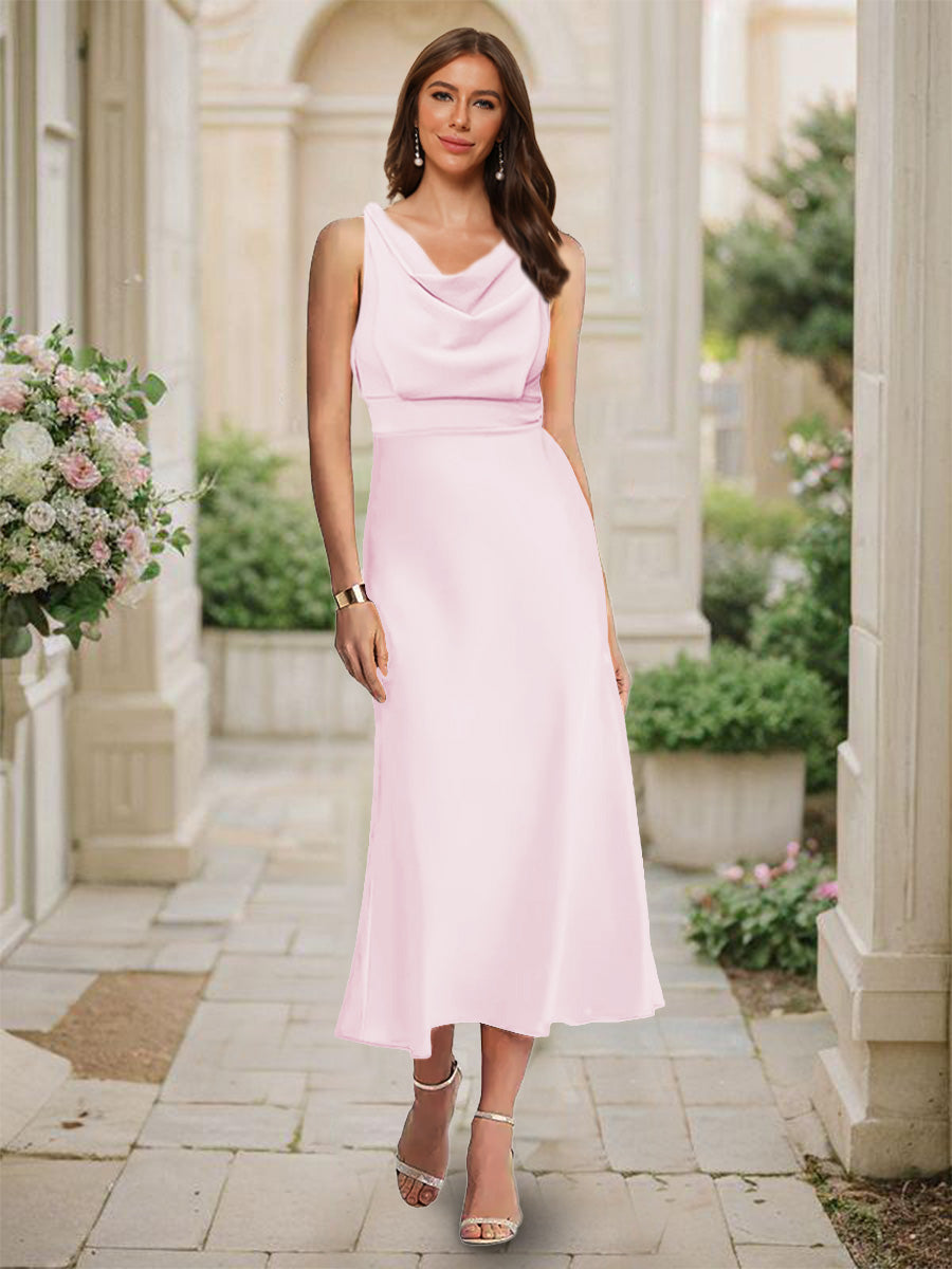 Trumpet/Mermaid Cowl Neck Sleeveless Tea-Length Ruched Bridesmaid Dresses Pearl Pink