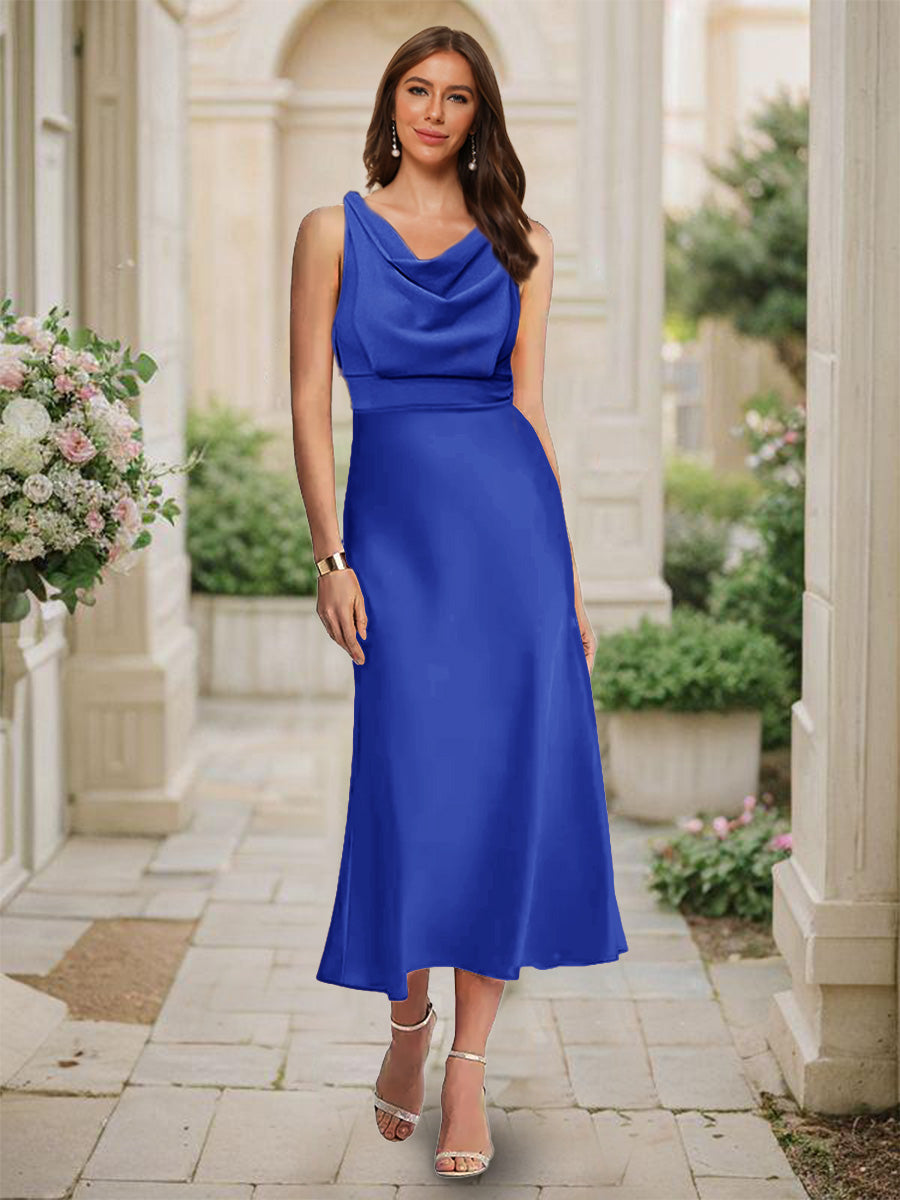 Trumpet/Mermaid Cowl Neck Sleeveless Tea-Length Ruched Bridesmaid Dresses Royal Blue