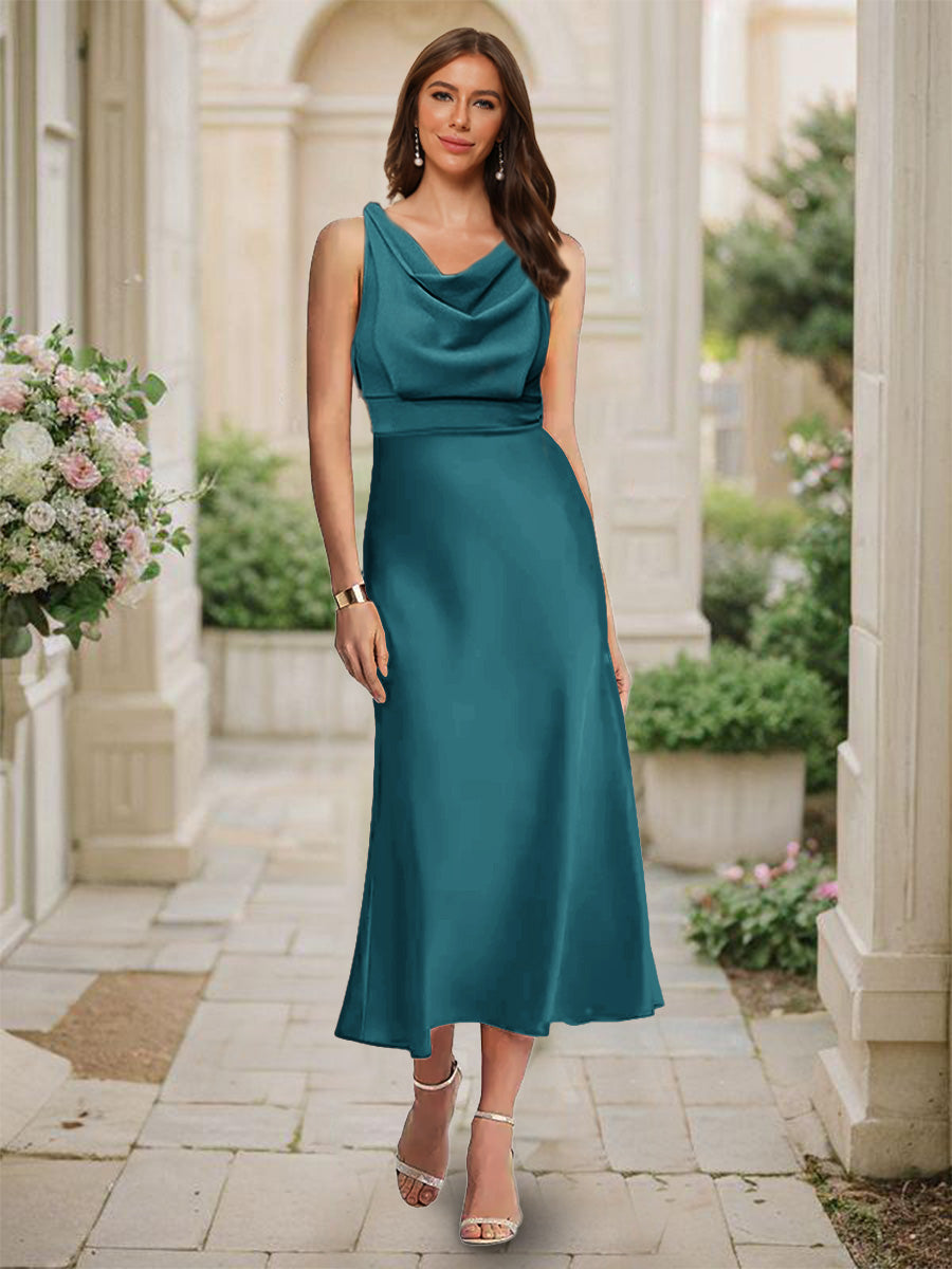 Trumpet/Mermaid Cowl Neck Sleeveless Tea-Length Ruched Bridesmaid Dresses Teal