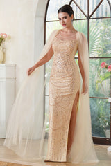 Champagne Sequin Mermaid Scoop Neck Evening Dress