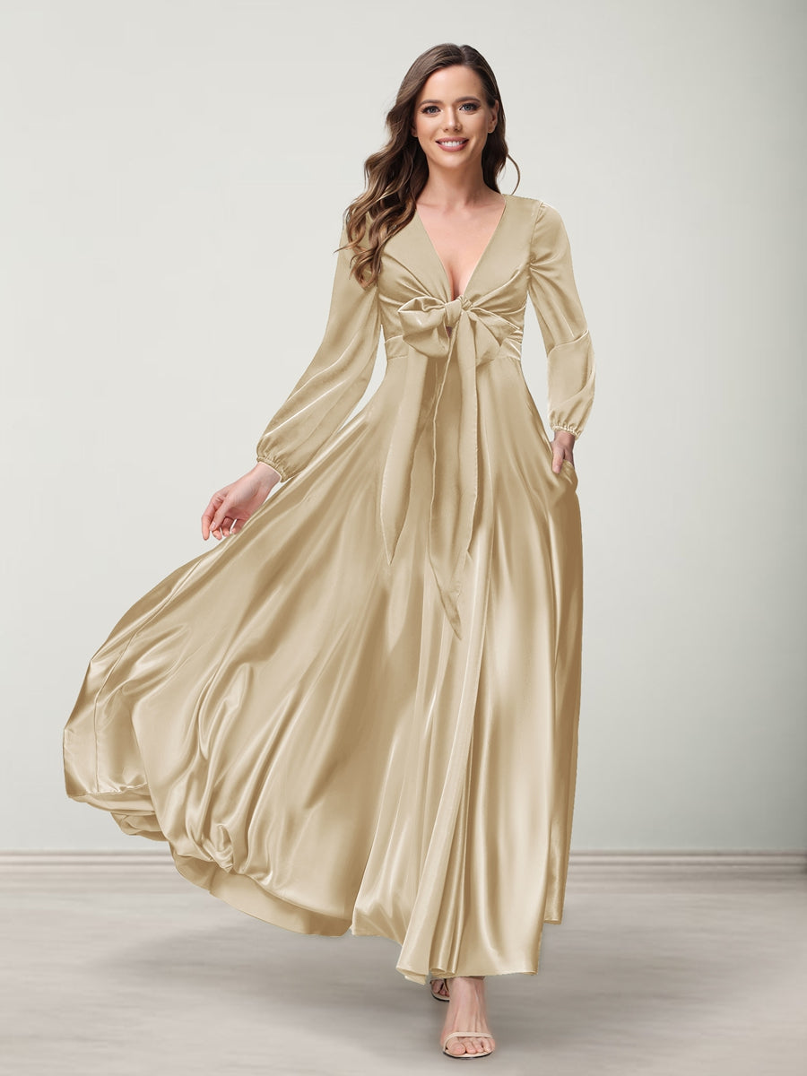 A-Line/Princess V-Neck Long Sleeves Bridesmaid Dresses with Pockets Champagne