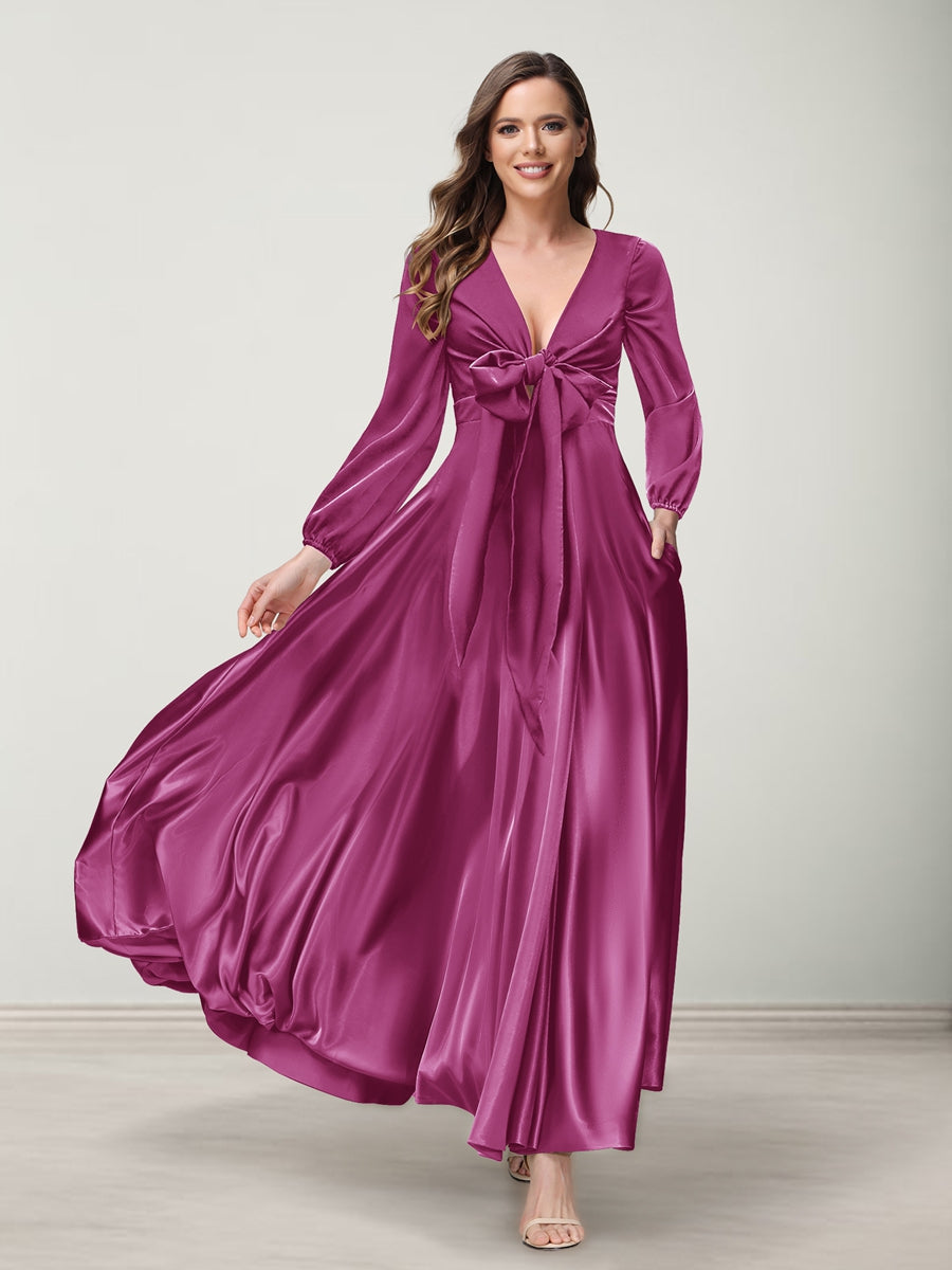 A-Line/Princess V-Neck Long Sleeves Bridesmaid Dresses with Pockets Mulberry