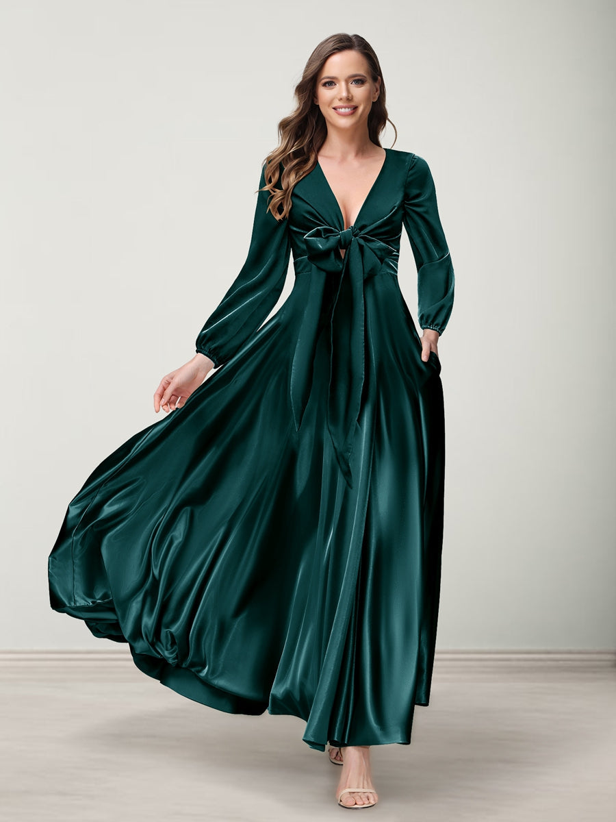 A-Line/Princess V-Neck Long Sleeves Bridesmaid Dresses with Pockets Peacock
