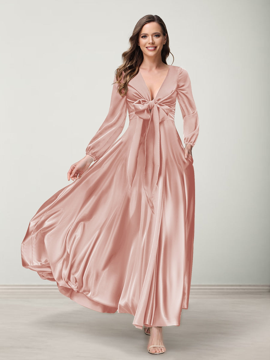 A-Line/Princess V-Neck Long Sleeves Bridesmaid Dresses with Pockets Pearl Pink